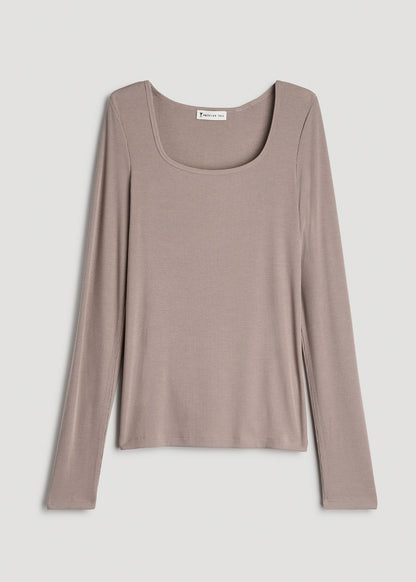 American Tall Women Long Sleeve Ribbed Square Neck Top for Tall Women in Truly Taupe