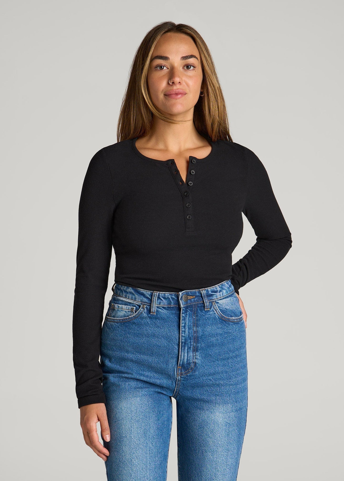 American Tall Women Long Sleeve Ribbed Crewneck Henley Shirt for Tall Women in Black