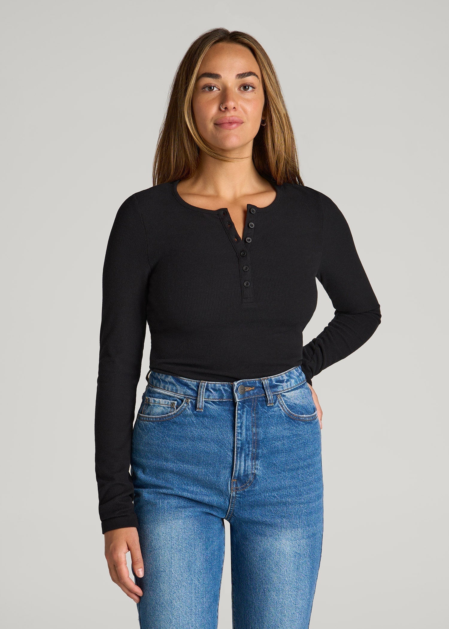 American Tall Women Long Sleeve Ribbed Crewneck Henley Shirt for Tall Women in Black