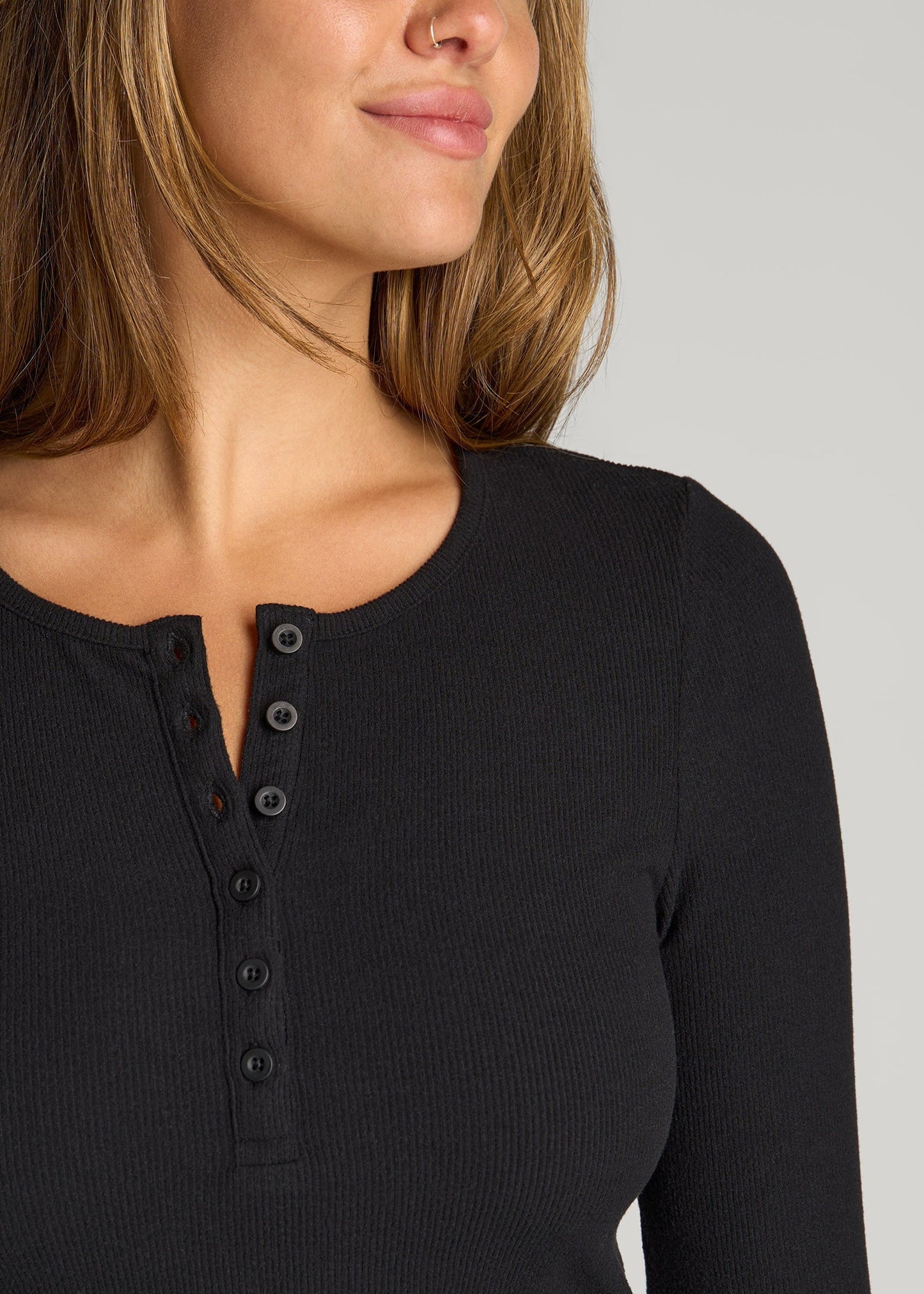 American Tall Women Long Sleeve Ribbed Crewneck Henley Shirt for Tall Women in Black