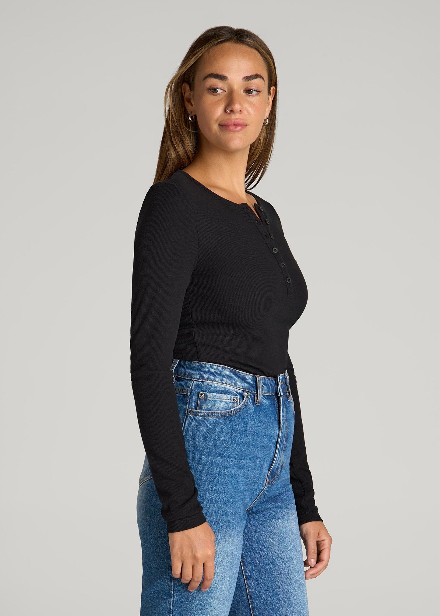 American Tall Women Long Sleeve Ribbed Crewneck Henley Shirt for Tall Women in Black