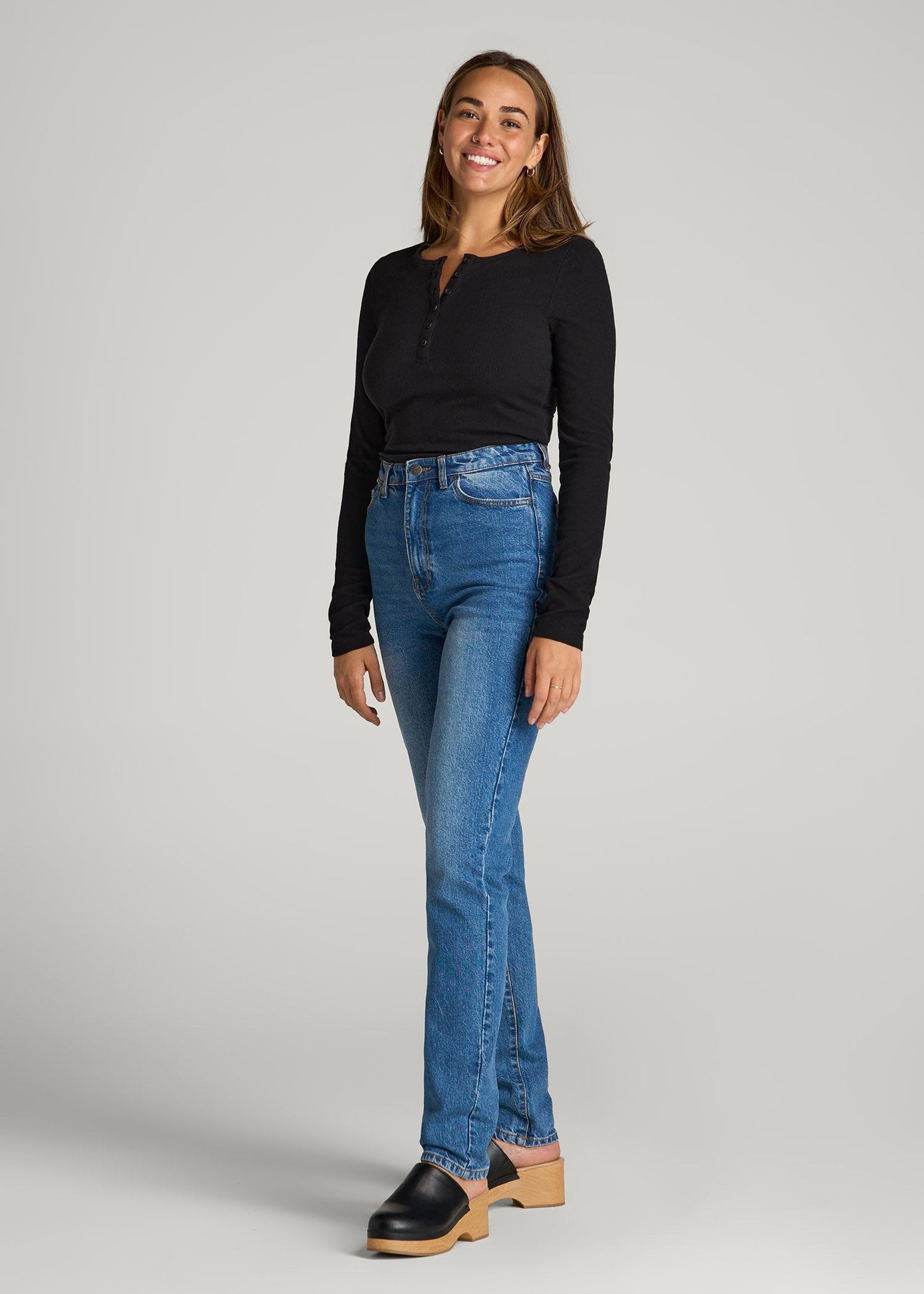 American Tall Women Long Sleeve Ribbed Crewneck Henley Shirt for Tall Women in Black