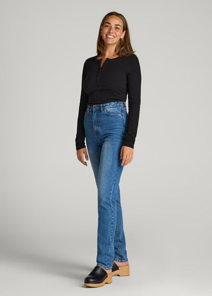American Tall Women Long Sleeve Ribbed Crewneck Henley Shirt for Tall Women in Black