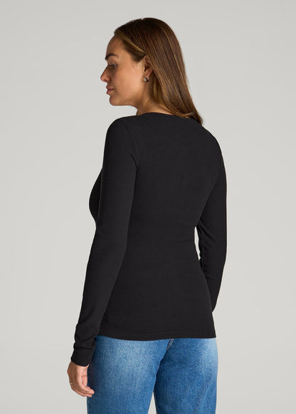 American Tall Women Long Sleeve Ribbed Crewneck Henley Shirt for Tall Women in Black