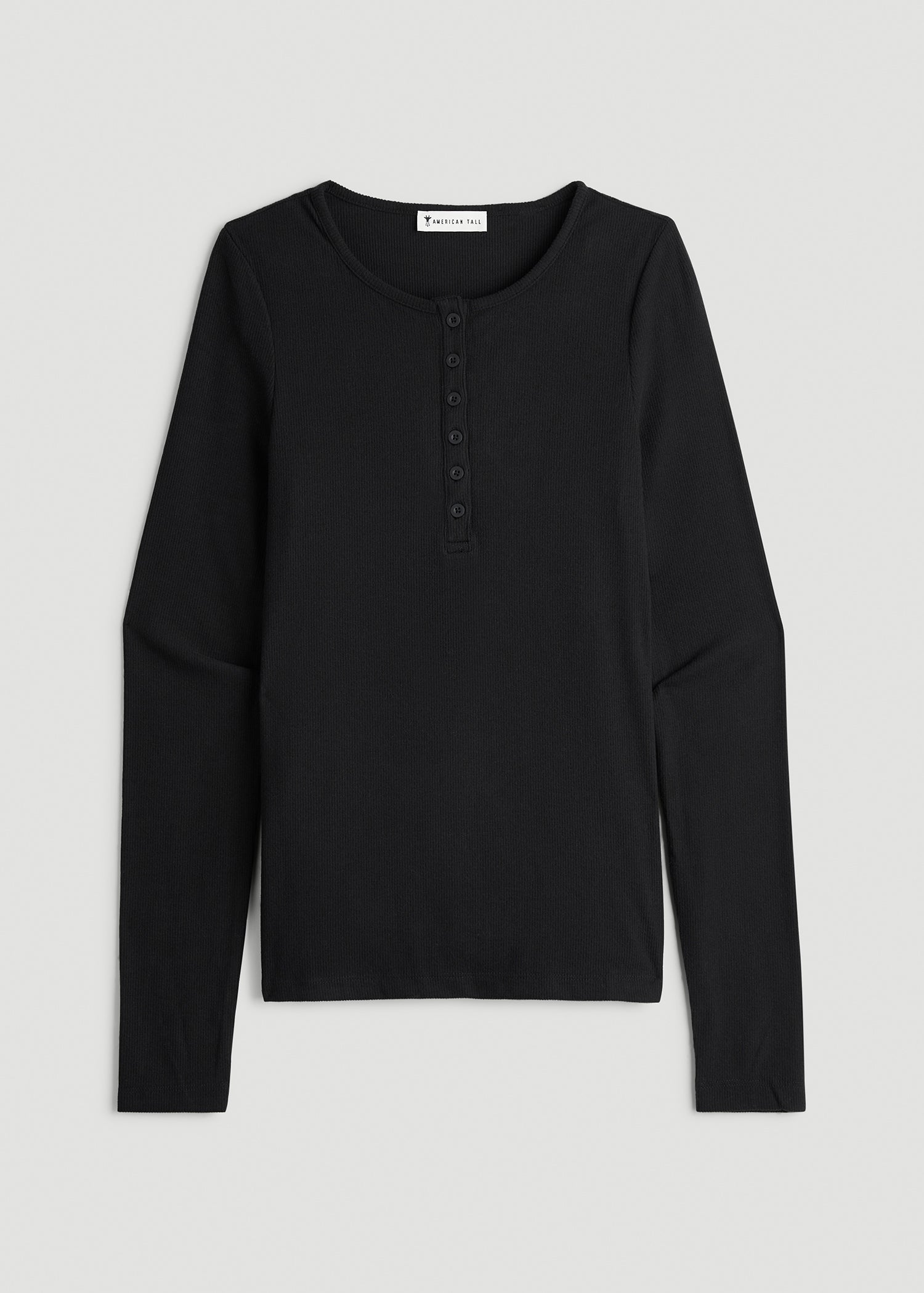 American Tall Women Long Sleeve Ribbed Crewneck Henley Shirt for Tall Women in Black