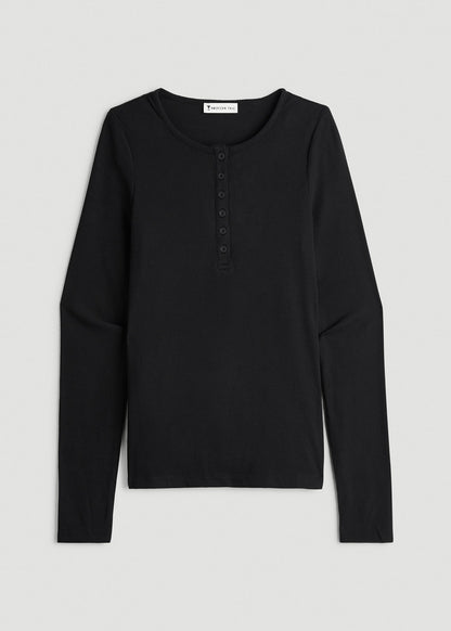 American Tall Women Long Sleeve Ribbed Crewneck Henley Shirt for Tall Women in Black