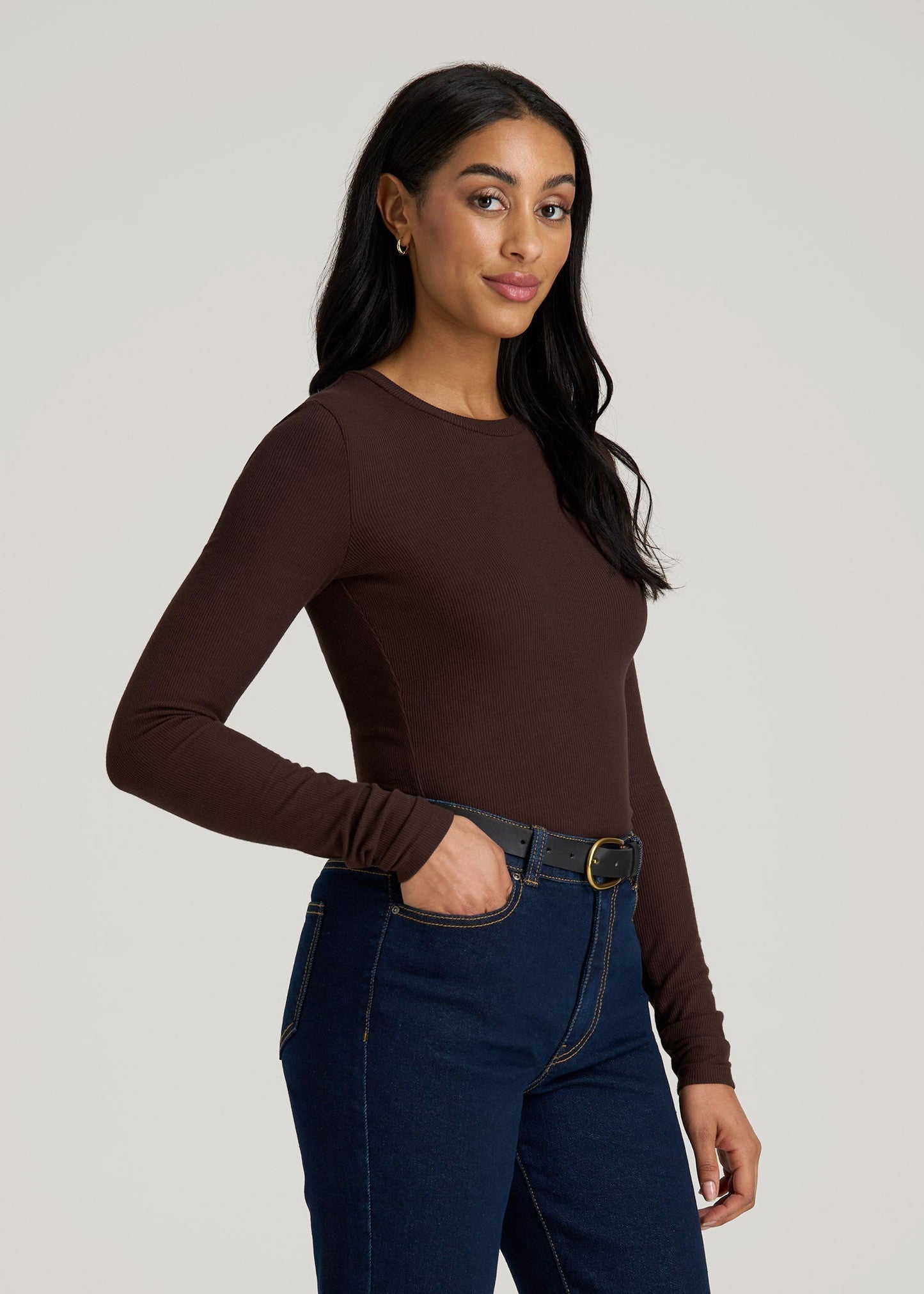 American Tall Women FITTED Ribbed Long Sleeve Tee for Tall Women in Espresso