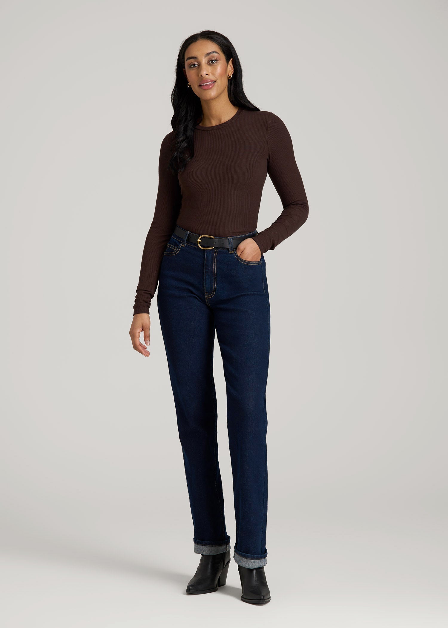 American Tall Women FITTED Ribbed Long Sleeve Tee for Tall Women in Espresso