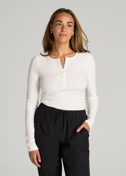 American Tall Women Long Sleeve Ribbed Crewneck Henley Shirt for Tall Women in Cream