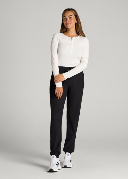 American Tall Women Long Sleeve Ribbed Crewneck Henley Shirt for Tall Women in Cream