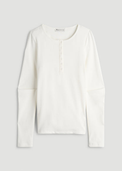 American Tall Women Long Sleeve Ribbed Crewneck Henley Shirt for Tall Women in Cream
