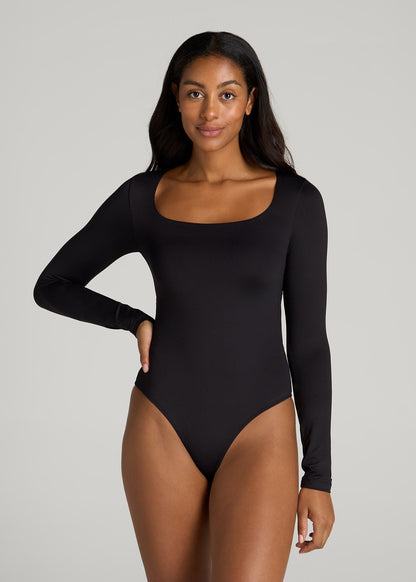 American Tall Women Long Sleeve Square Neck Bodysuit for Tall Women in Black
