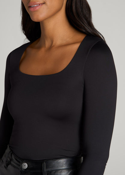 American Tall Women Long Sleeve Square Neck Bodysuit for Tall Women in Black