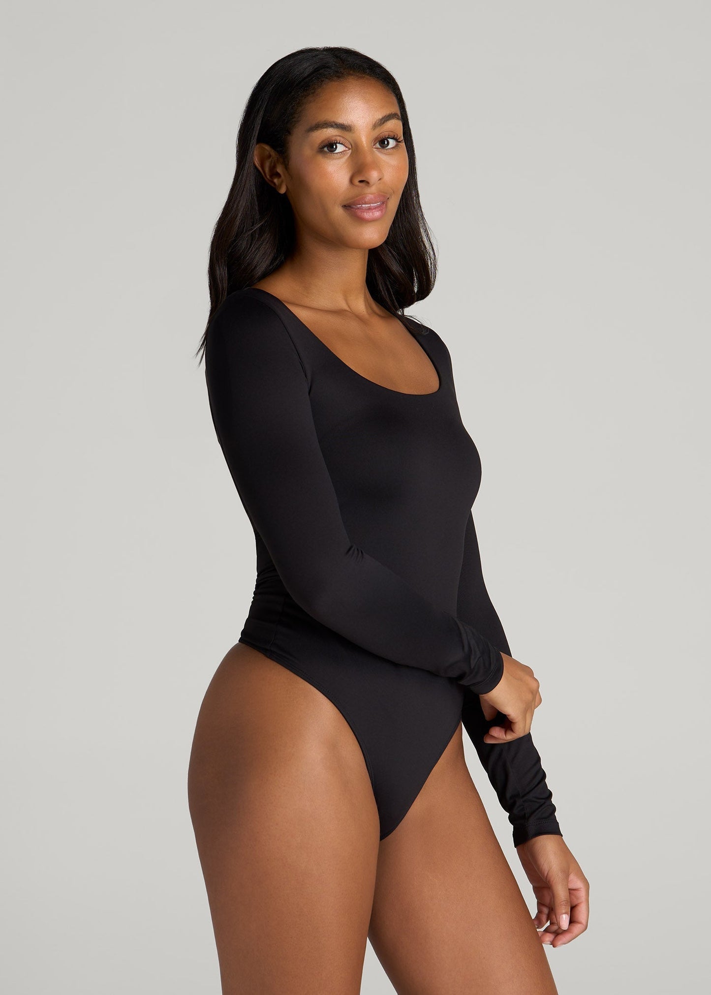 American Tall Women Long Sleeve Square Neck Bodysuit for Tall Women in Black