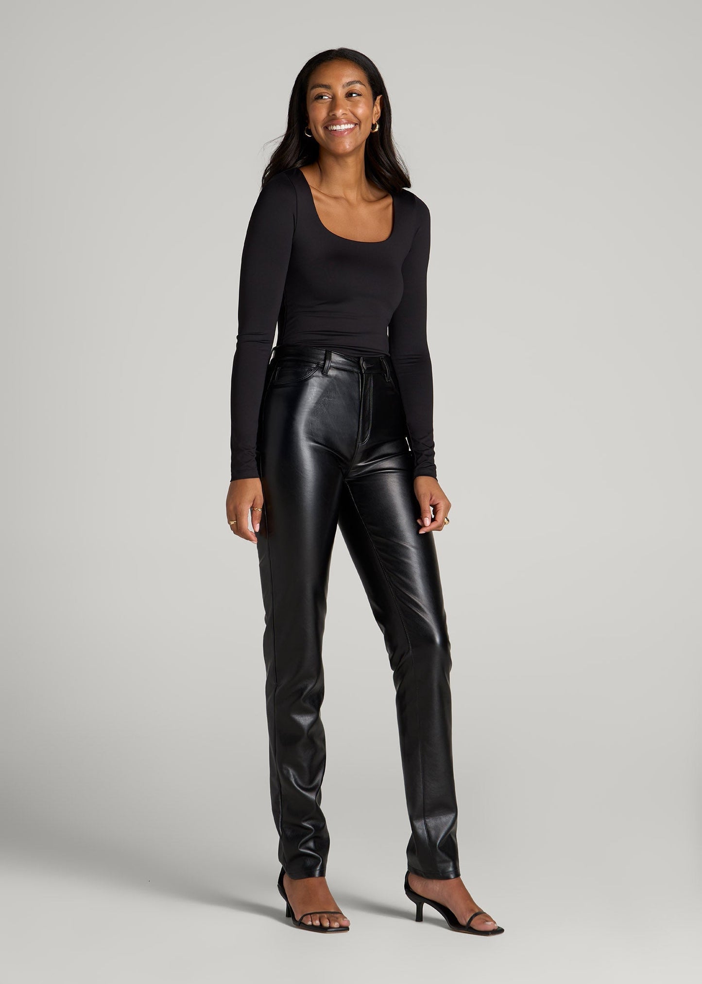 American Tall Women Long Sleeve Square Neck Bodysuit for Tall Women in Black