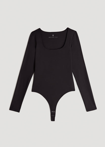 American Tall Women Long Sleeve Square Neck Bodysuit for Tall Women in Black