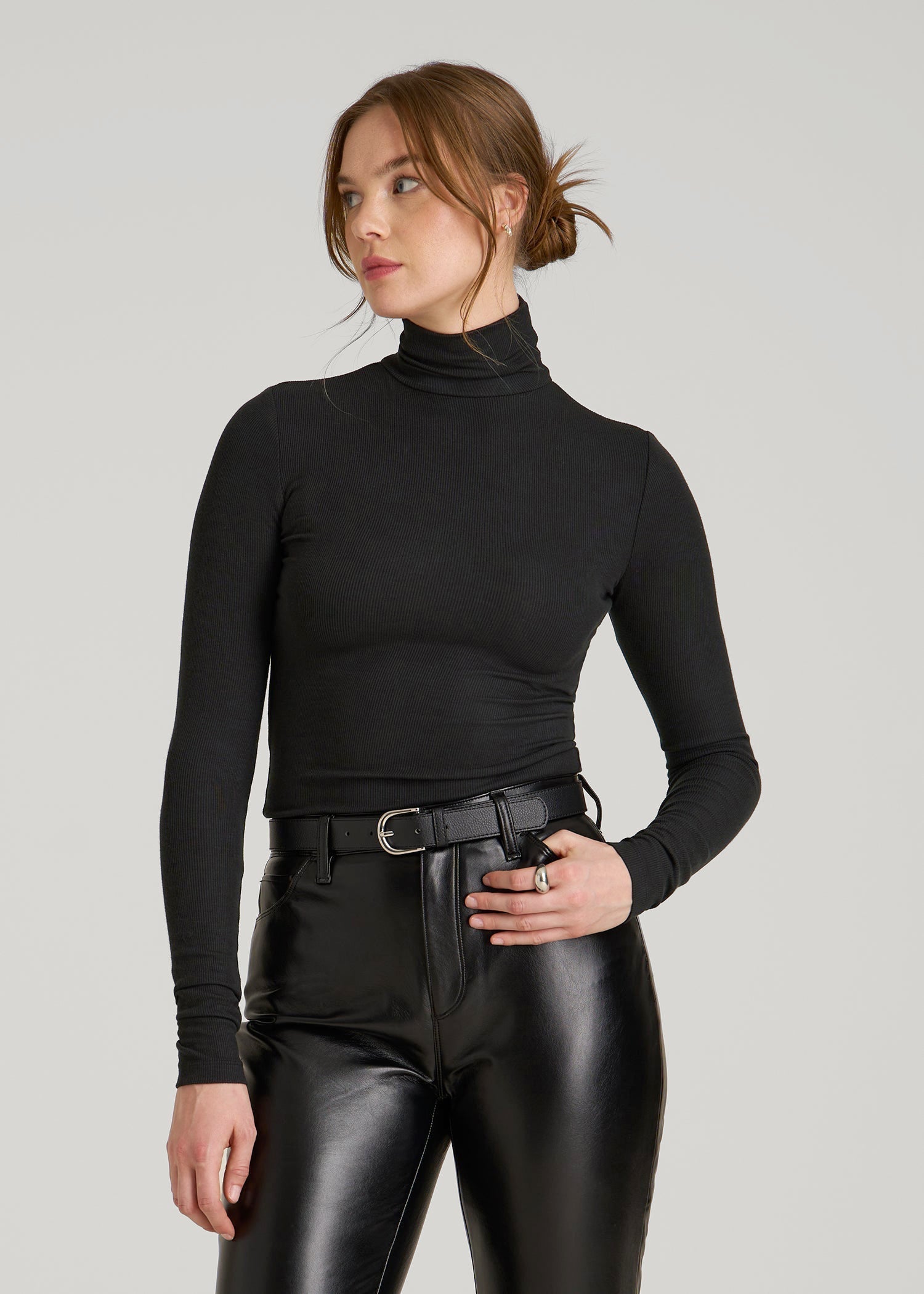 American Tall Women Fitted Long Sleeve Ribbed Turtleneck Tee for Tall Women in Black