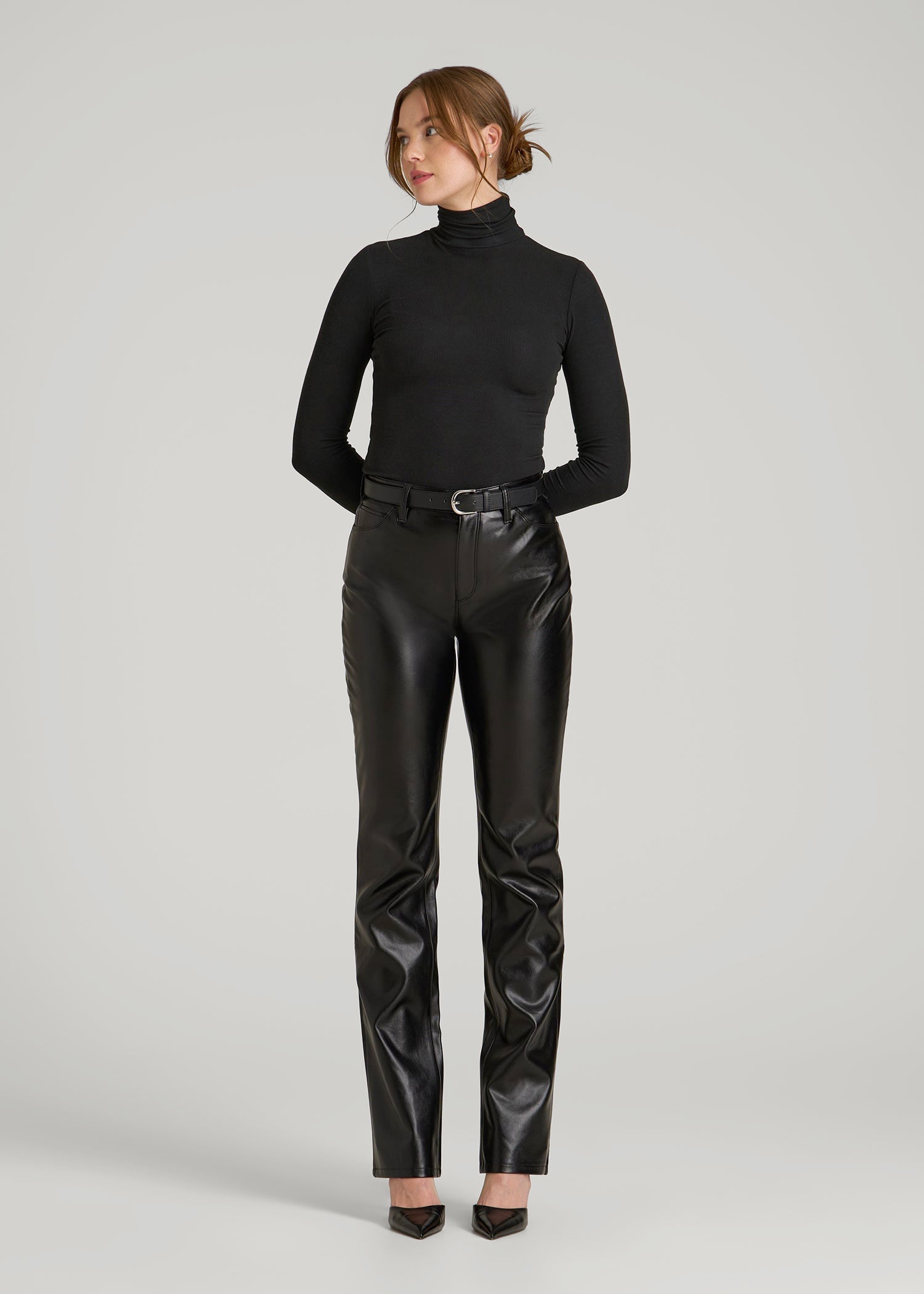 American Tall Women Fitted Long Sleeve Ribbed Turtleneck Tee for Tall Women in Black