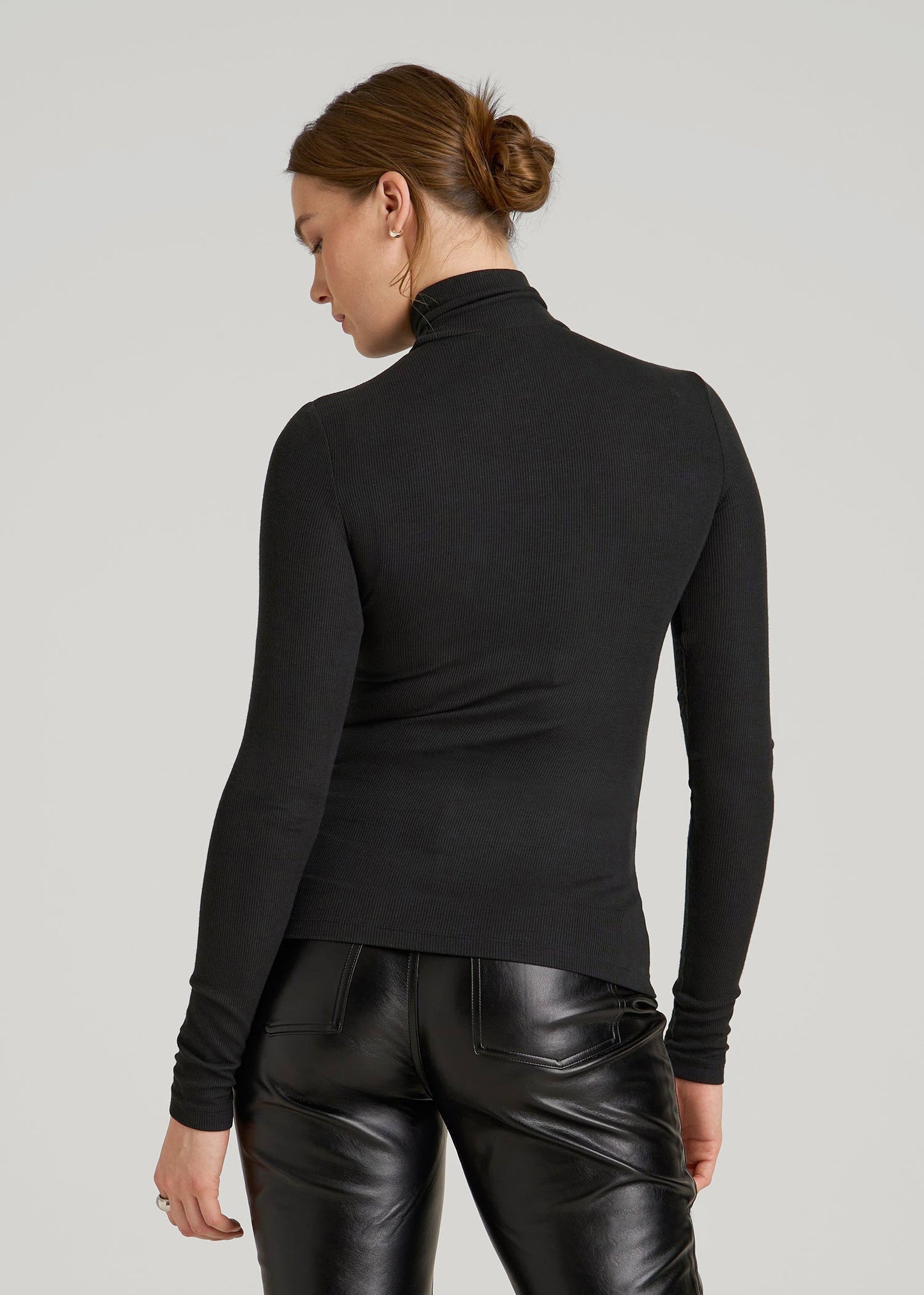 American Tall Women Fitted Long Sleeve Ribbed Turtleneck Tee for Tall Women in Black