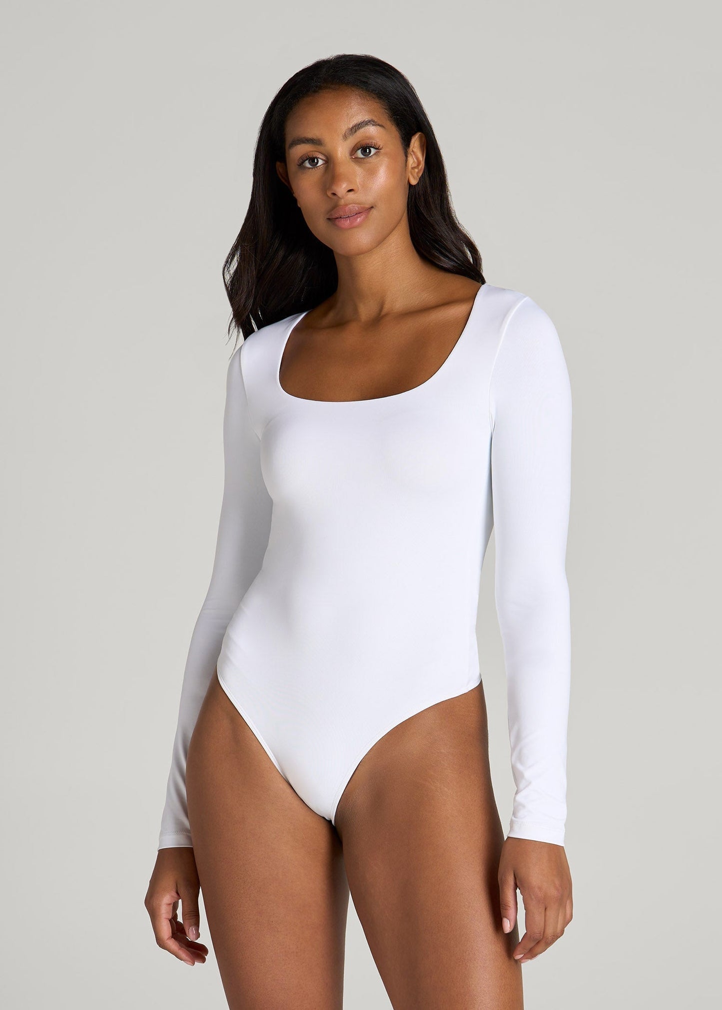 American Tall Women Long Sleeve Square Neck Bodysuit for Tall Women in Bright White