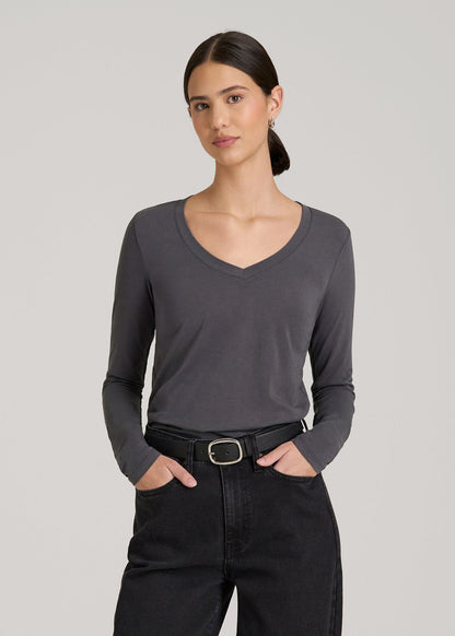 American Tall Women Long Sleeve Scoop V-Neck Tee Shirt for Tall Women in Charcoal