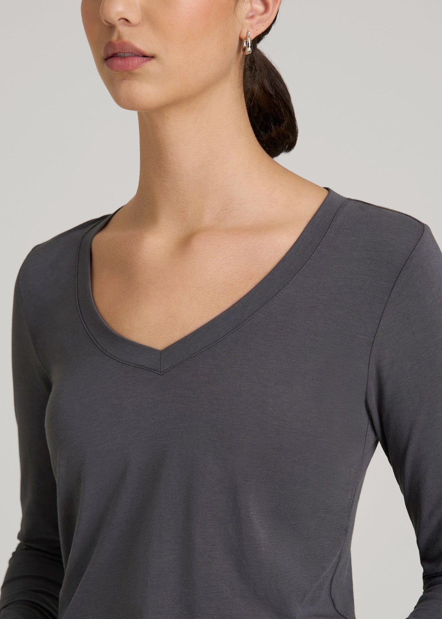American Tall Women Long Sleeve Scoop V-Neck Tee Shirt for Tall Women in Charcoal
