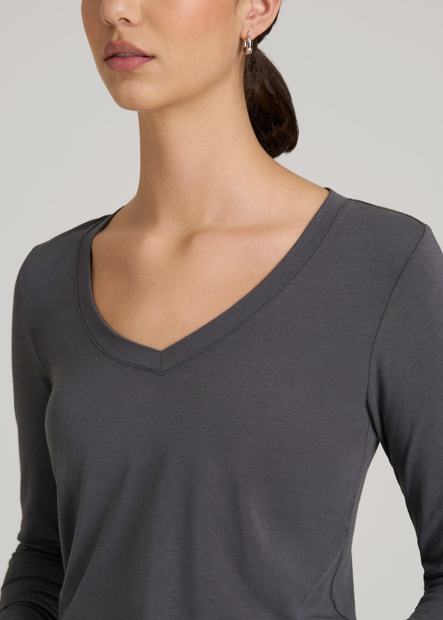 American Tall Women Long Sleeve Scoop V-Neck Tee Shirt for Tall Women in Charcoal