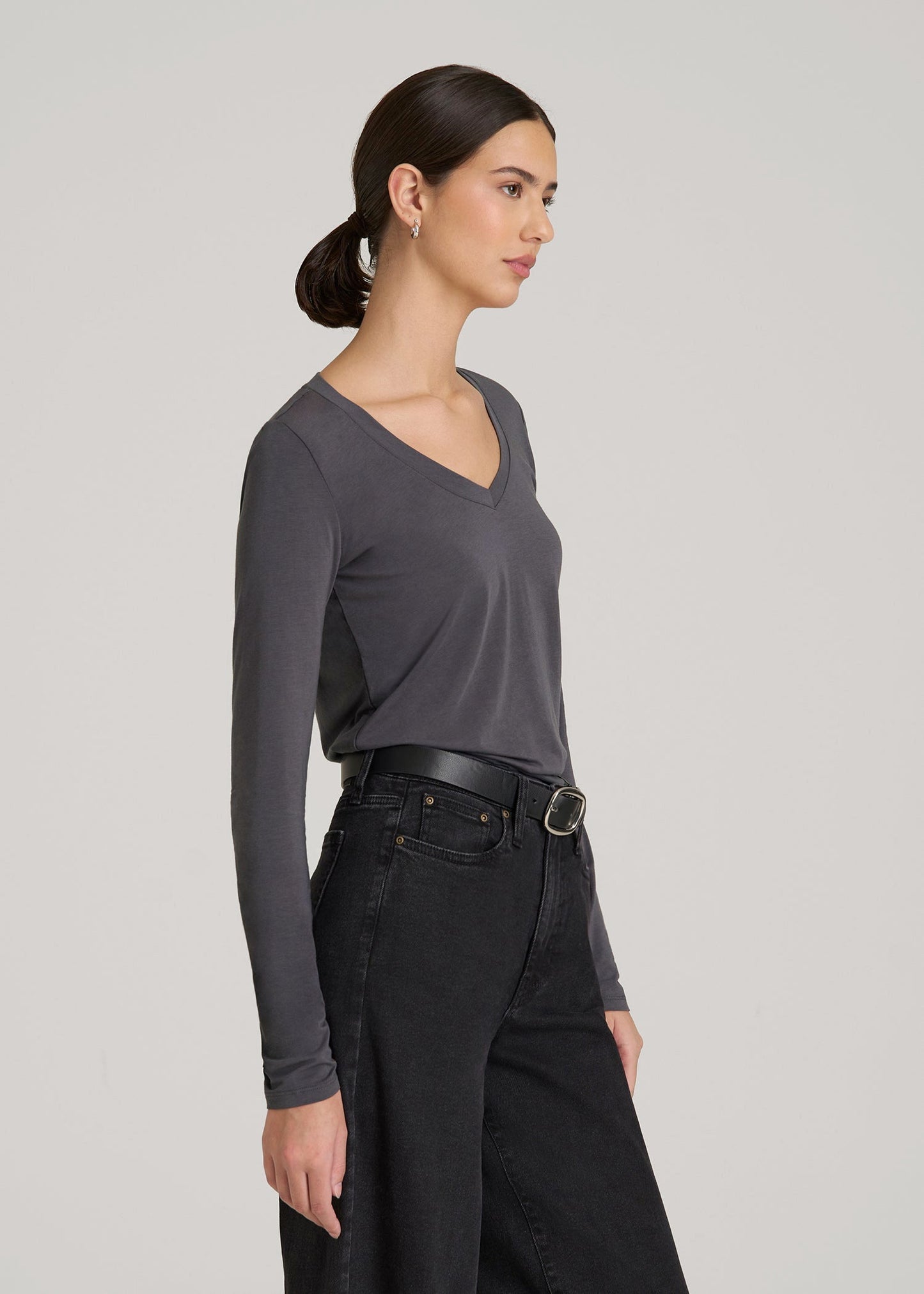 American Tall Women Long Sleeve Scoop V-Neck Tee Shirt for Tall Women in Charcoal