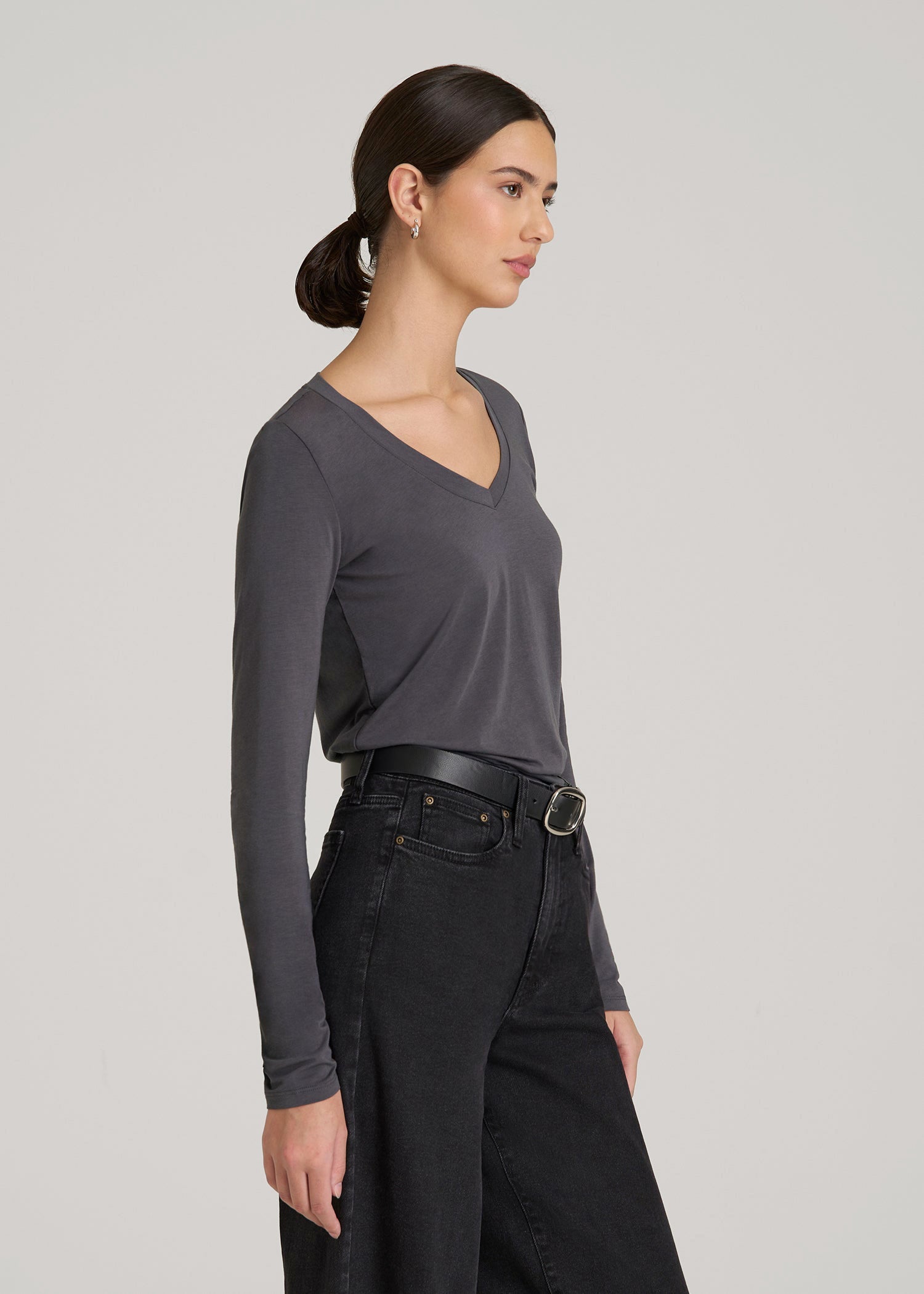 American Tall Women Long Sleeve Scoop V-Neck Tee Shirt for Tall Women in Charcoal