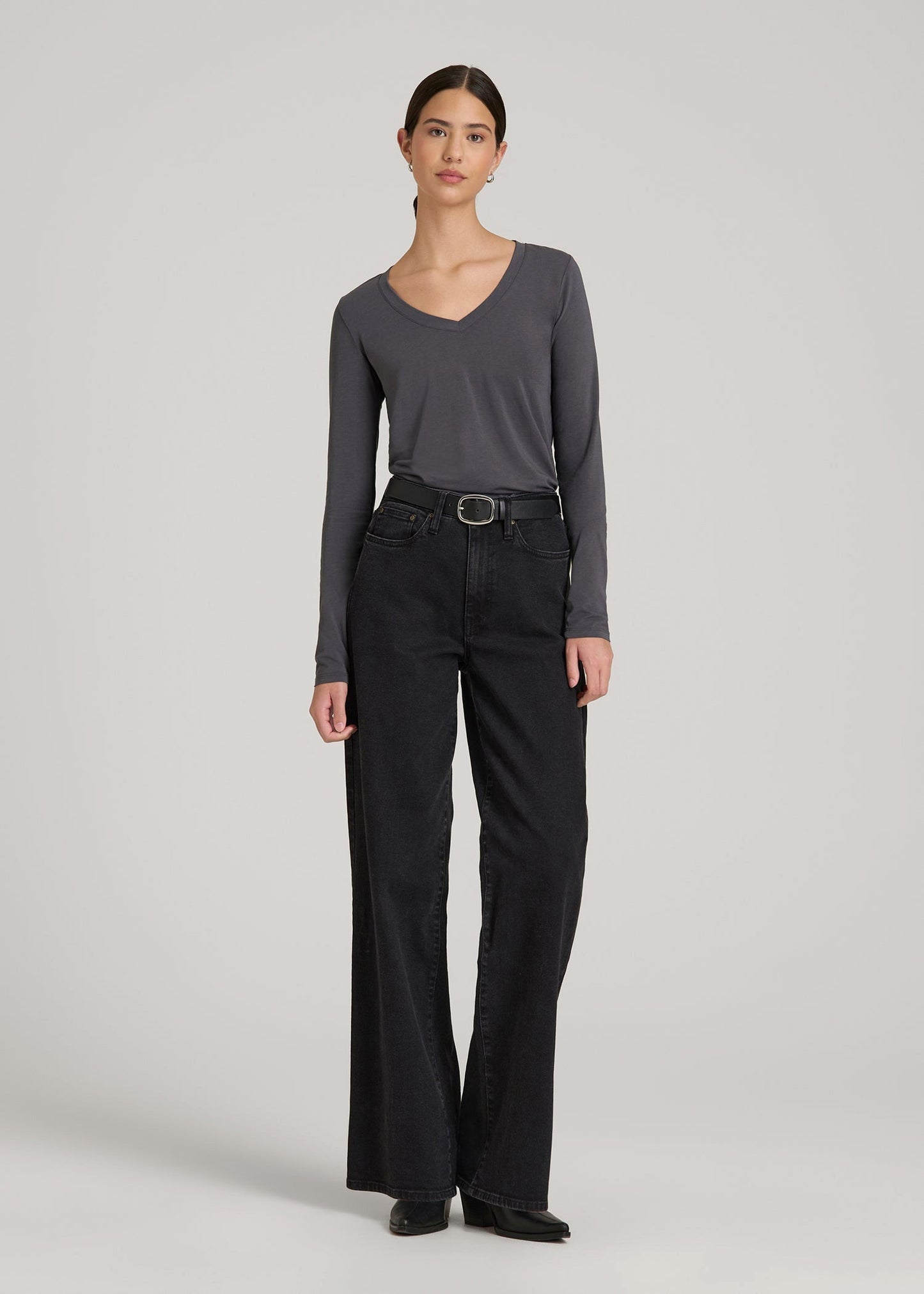 American Tall Women Long Sleeve Scoop V-Neck Tee Shirt for Tall Women in Charcoal