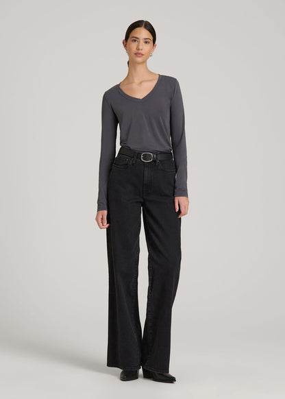 American Tall Women Long Sleeve Scoop V-Neck Tee Shirt for Tall Women in Charcoal