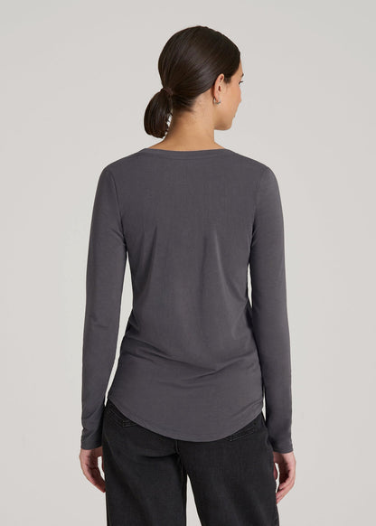 American Tall Women Long Sleeve Scoop V-Neck Tee Shirt for Tall Women in Charcoal