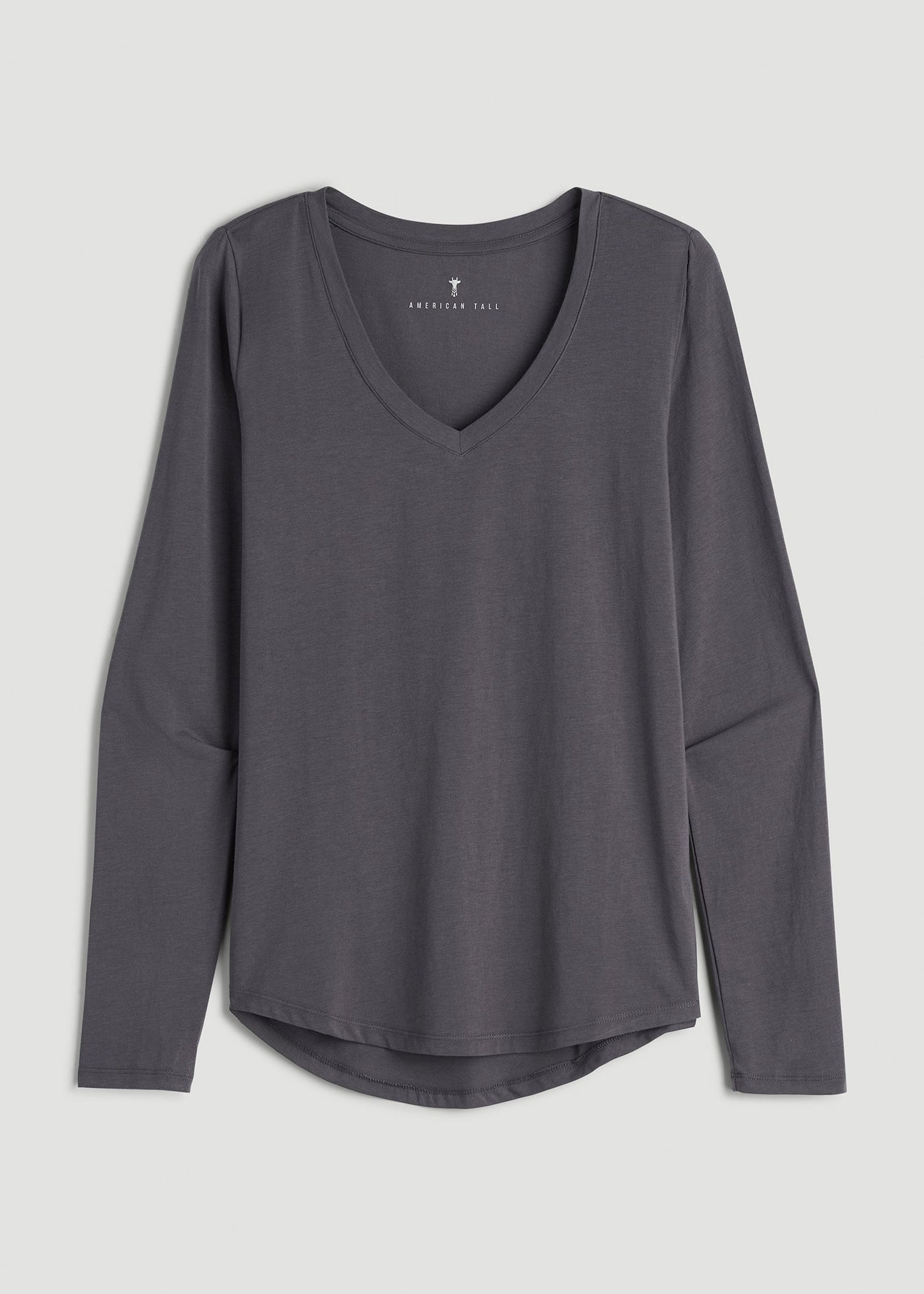 American Tall Women Long Sleeve Scoop V-Neck Tee Shirt for Tall Women in Charcoal
