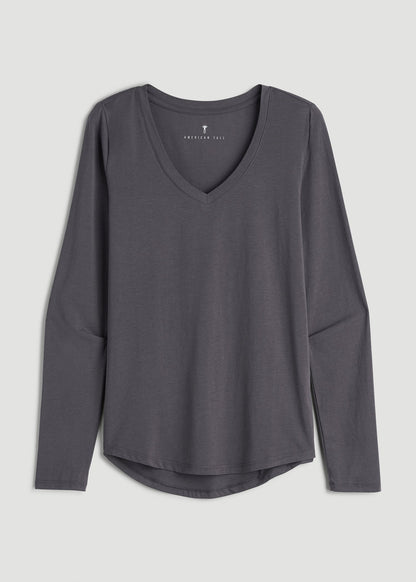 American Tall Women Long Sleeve Scoop V-Neck Tee Shirt for Tall Women in Charcoal
