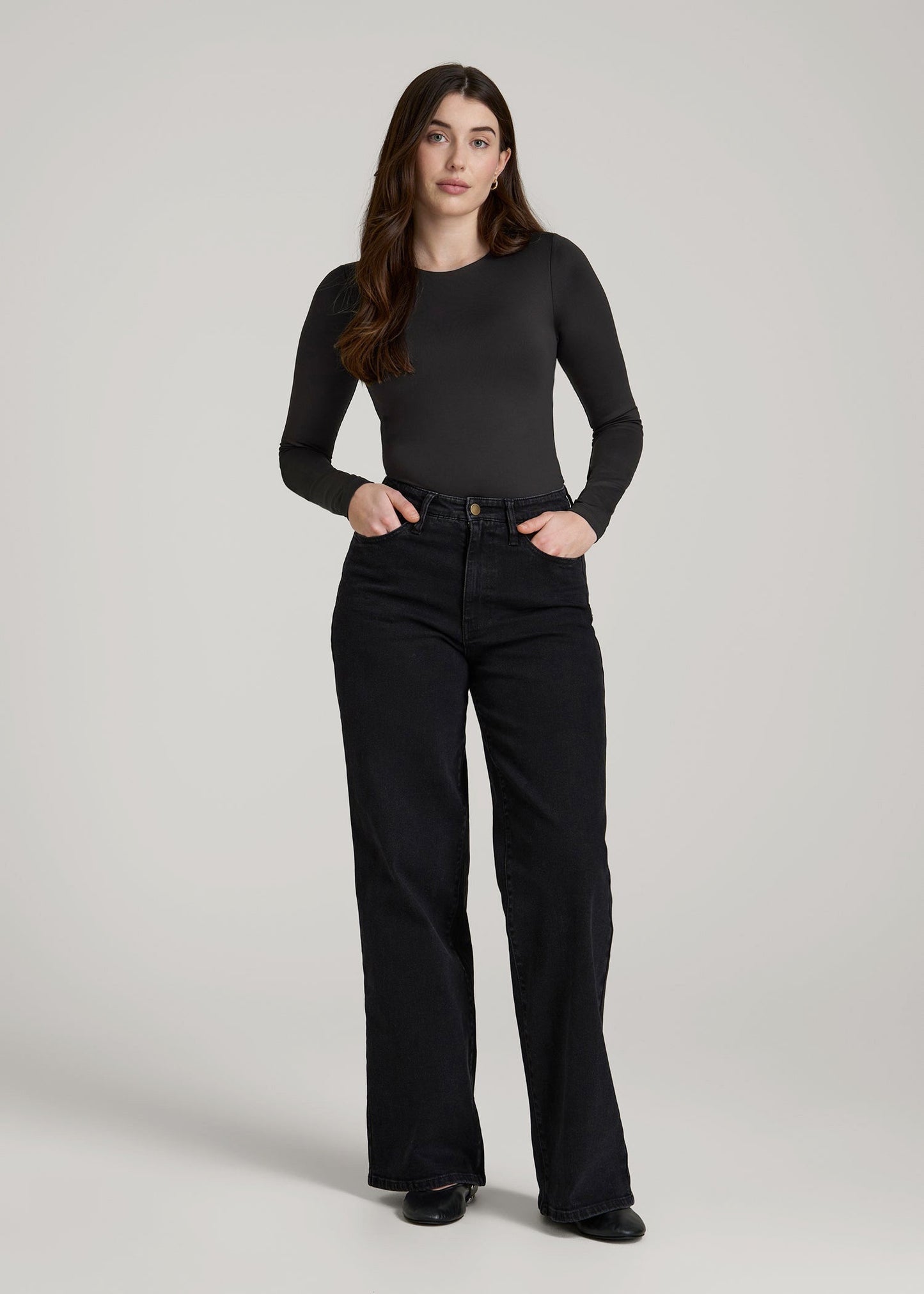 American Tall Women Long Sleeve Bodysuit for Tall Women in Black