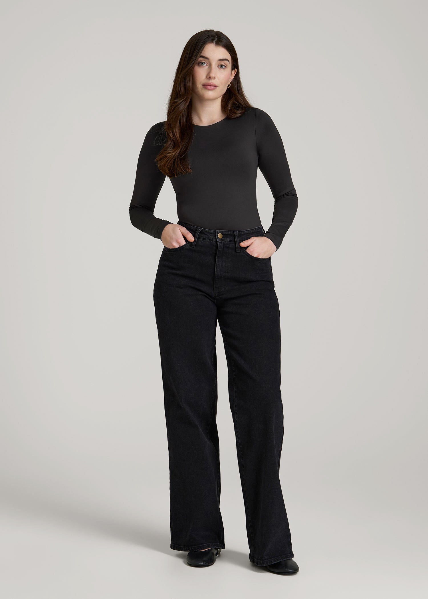 American Tall Women Long Sleeve Bodysuit for Tall Women in Black