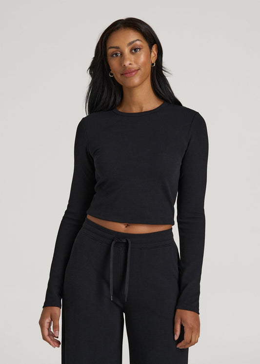 American Tall Women Cropped Long Sleeve Waffle Shirt for Tall Women in Black