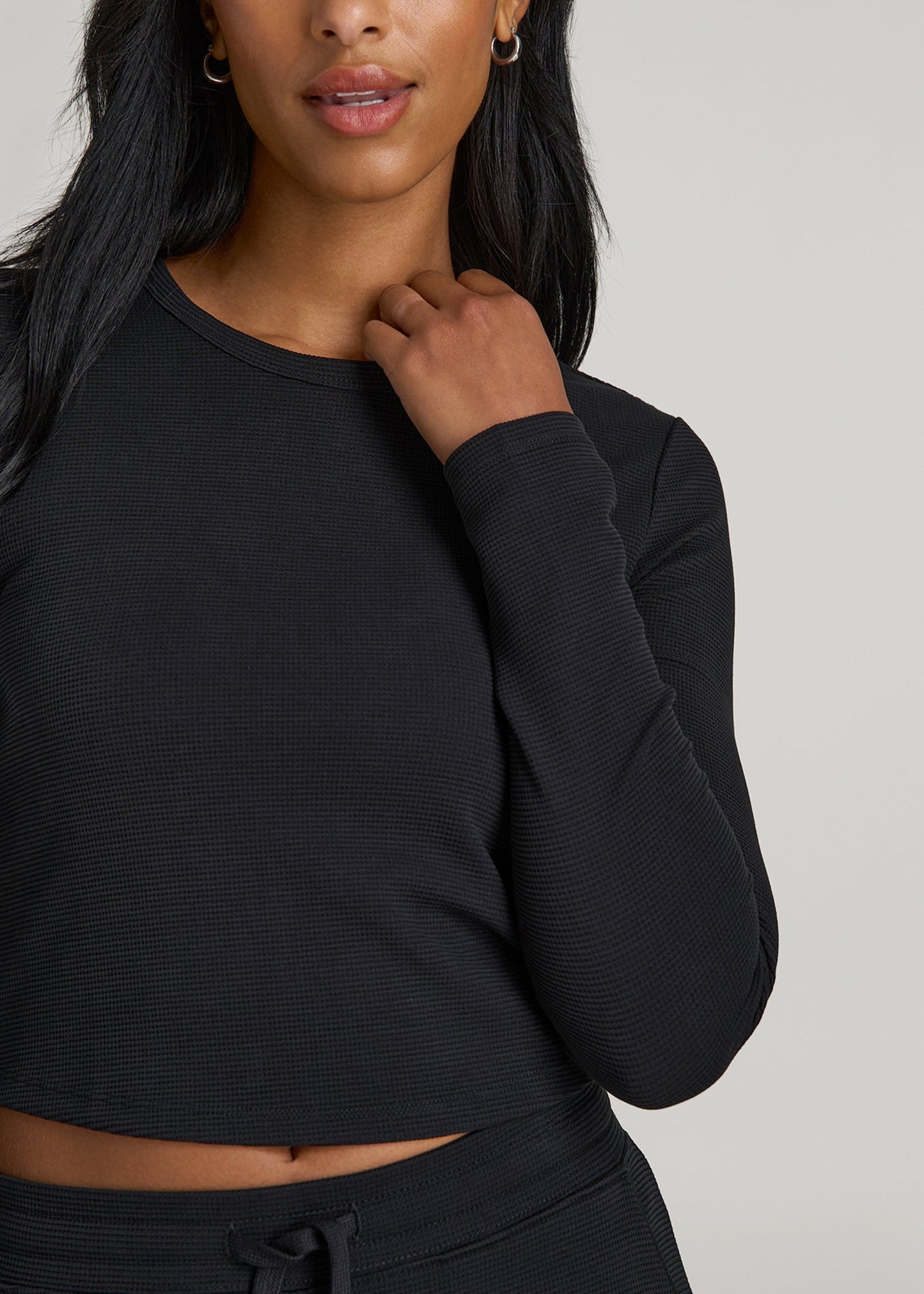 American Tall Women Cropped Long Sleeve Waffle Shirt for Tall Women in Black