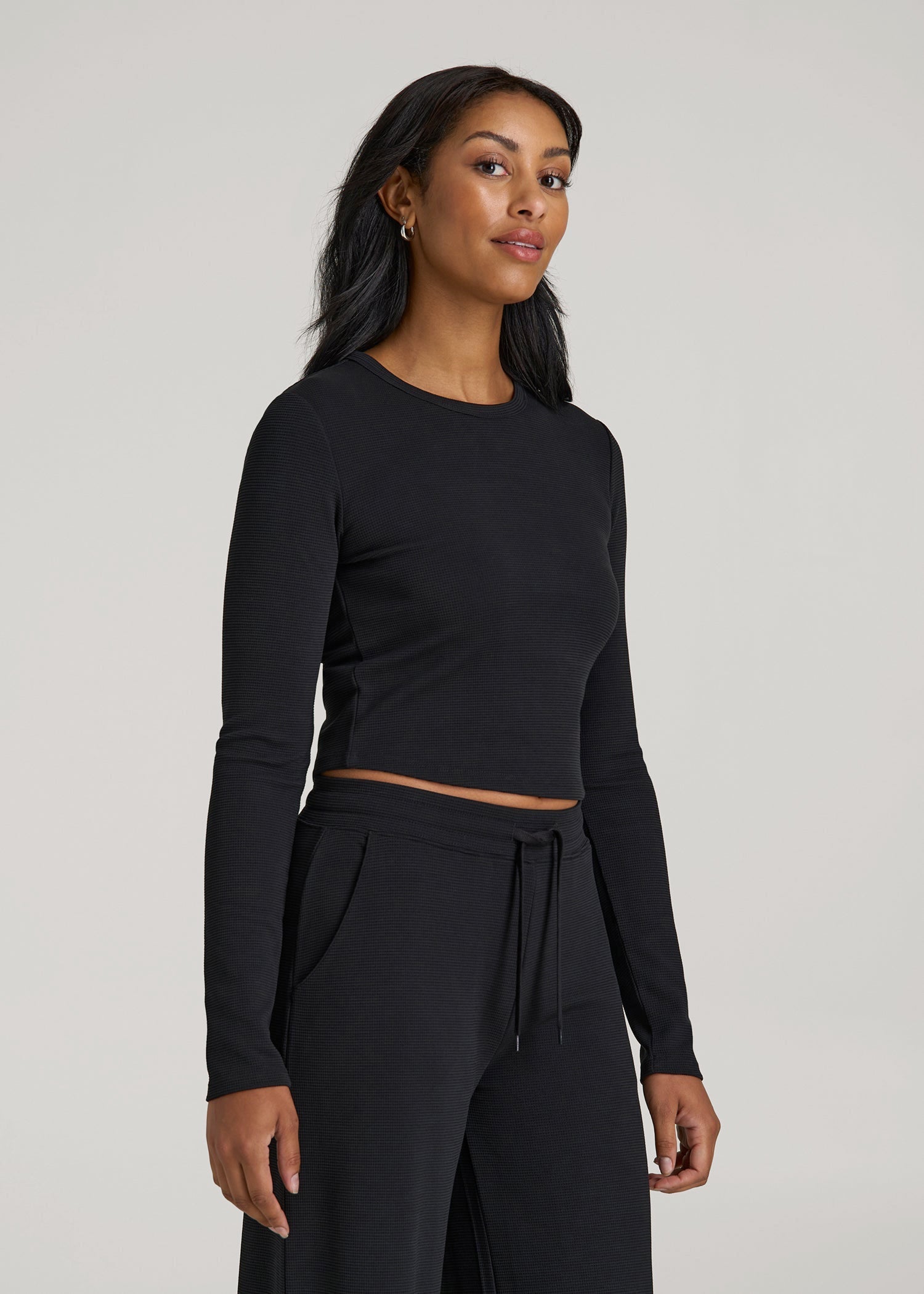 American Tall Women Cropped Long Sleeve Waffle Shirt for Tall Women in Black