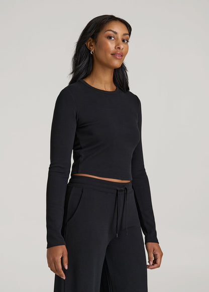 American Tall Women Cropped Long Sleeve Waffle Shirt for Tall Women in Black