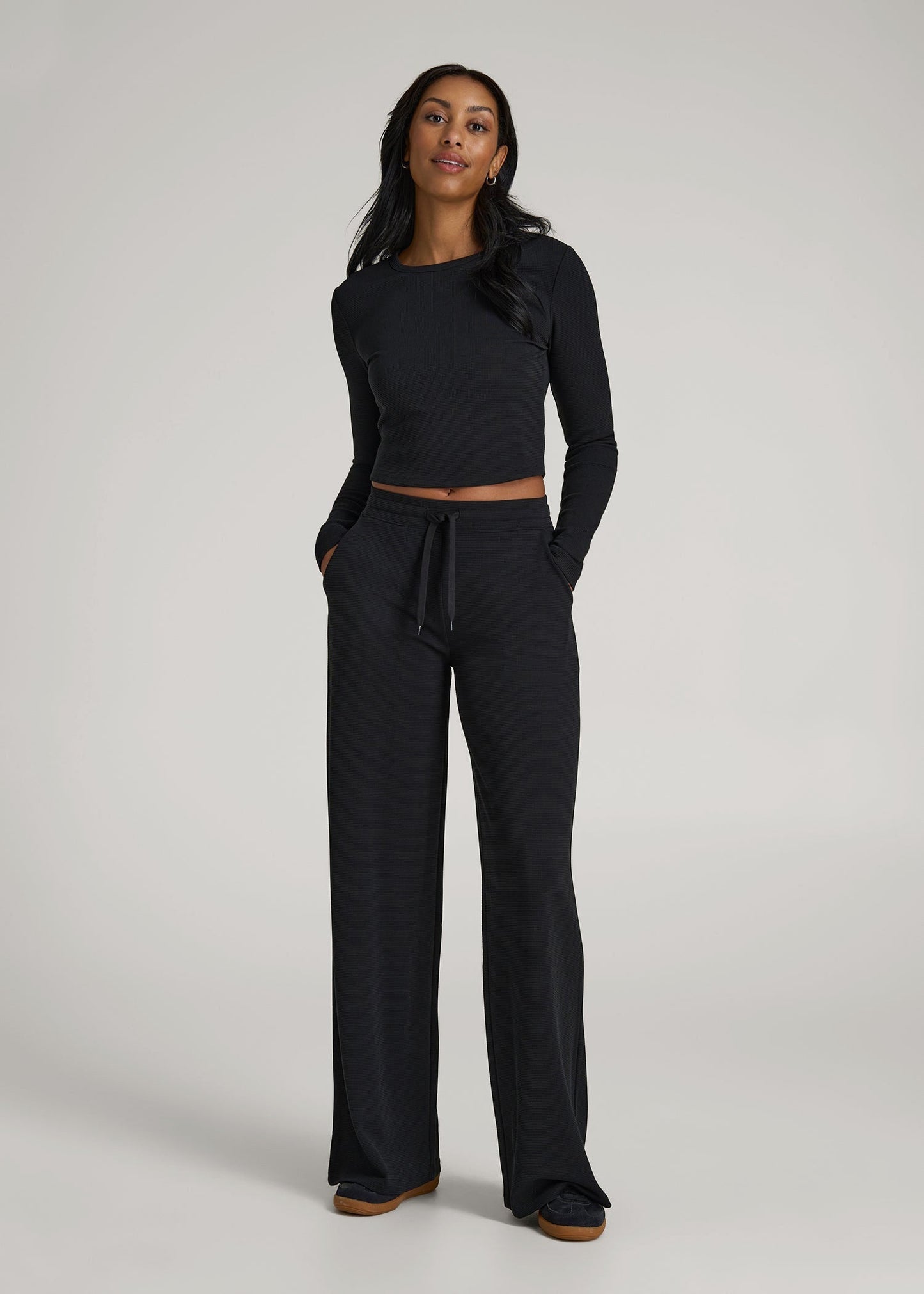 American Tall Women Cropped Long Sleeve Waffle Shirt for Tall Women in Black