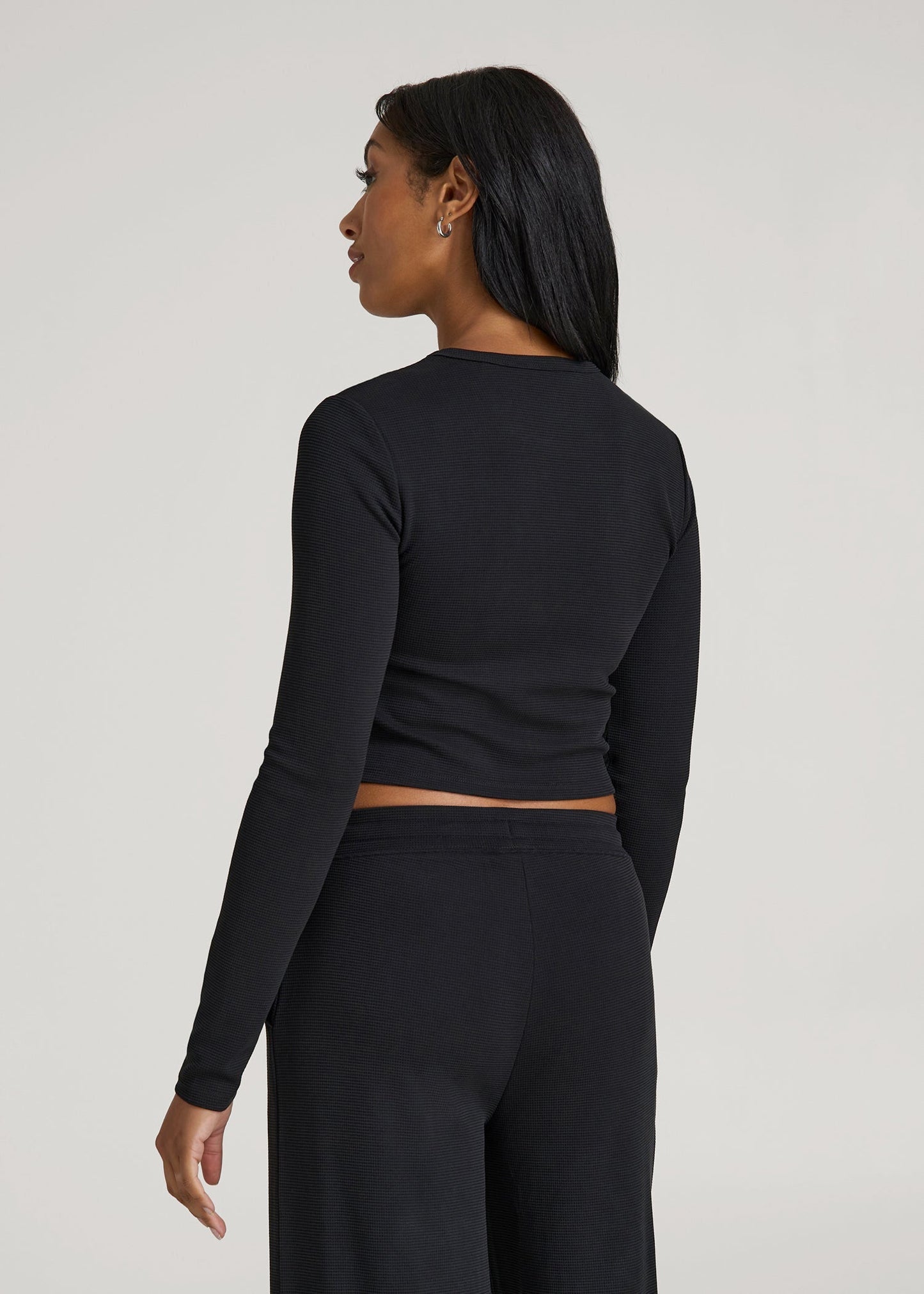 American Tall Women Cropped Long Sleeve Waffle Shirt for Tall Women in Black