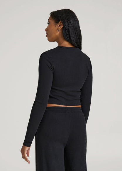American Tall Women Cropped Long Sleeve Waffle Shirt for Tall Women in Black