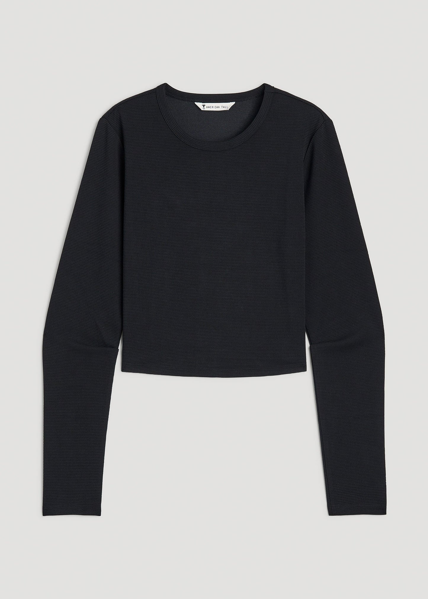 American Tall Women Cropped Long Sleeve Waffle Shirt for Tall Women in Black