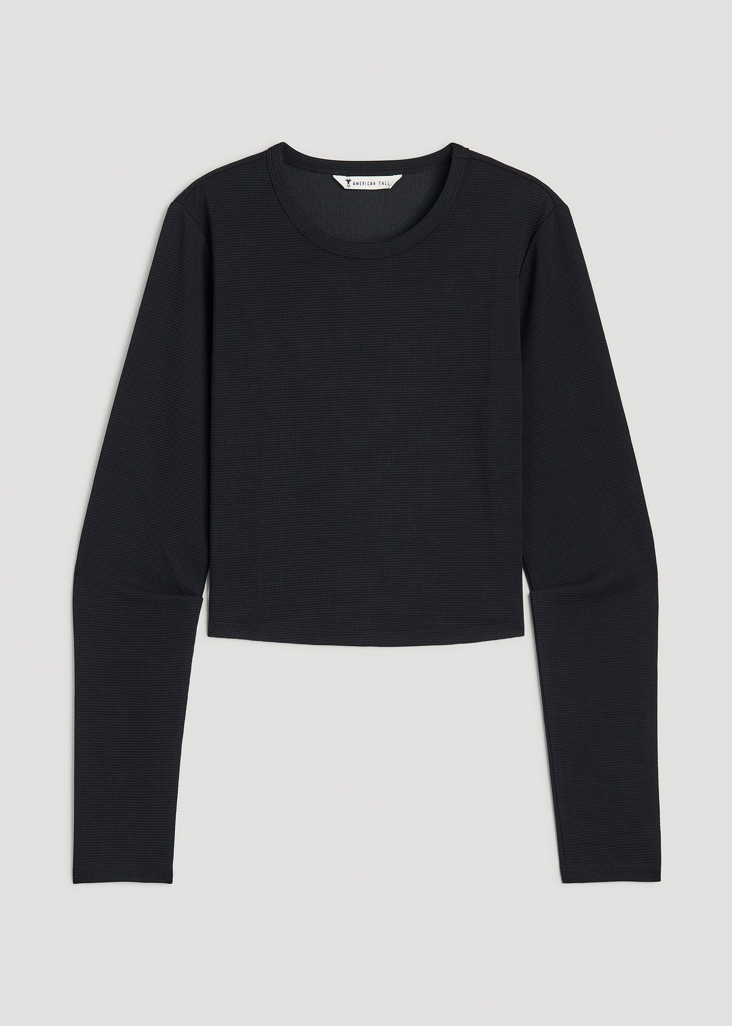American Tall Women Cropped Long Sleeve Waffle Shirt for Tall Women in Black