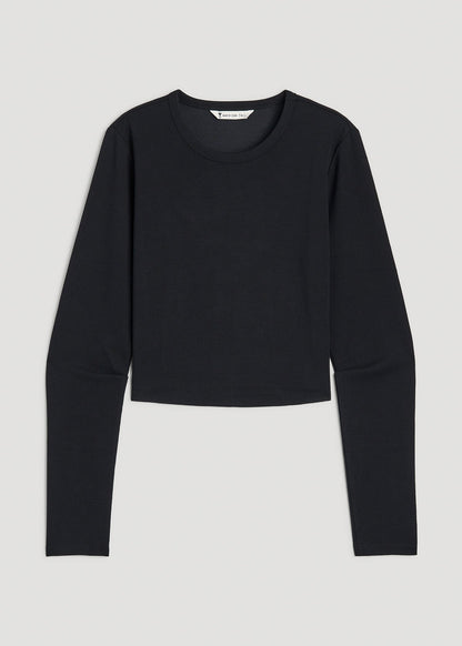 American Tall Women Cropped Long Sleeve Waffle Shirt for Tall Women in Black