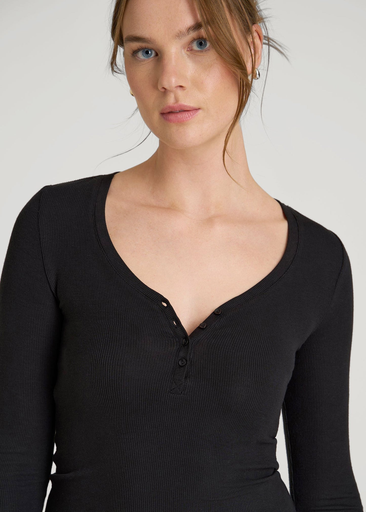 American Tall Women Fitted Ribbed Long Sleeve Henley for Tall Women in Black