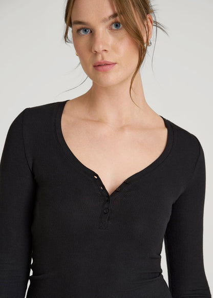 American Tall Women Fitted Ribbed Long Sleeve Henley for Tall Women in Black