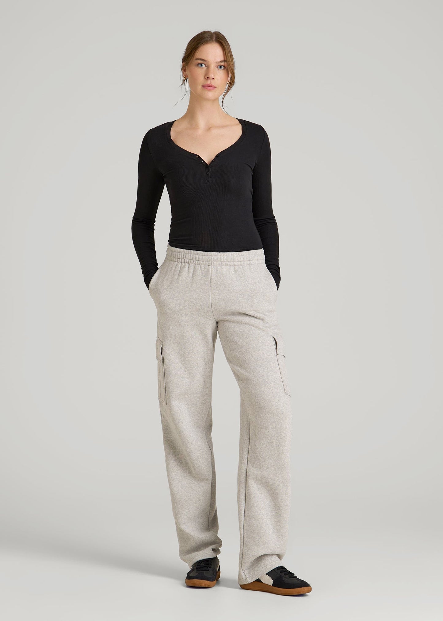 American Tall Women Fitted Ribbed Long Sleeve Henley for Tall Women in Black