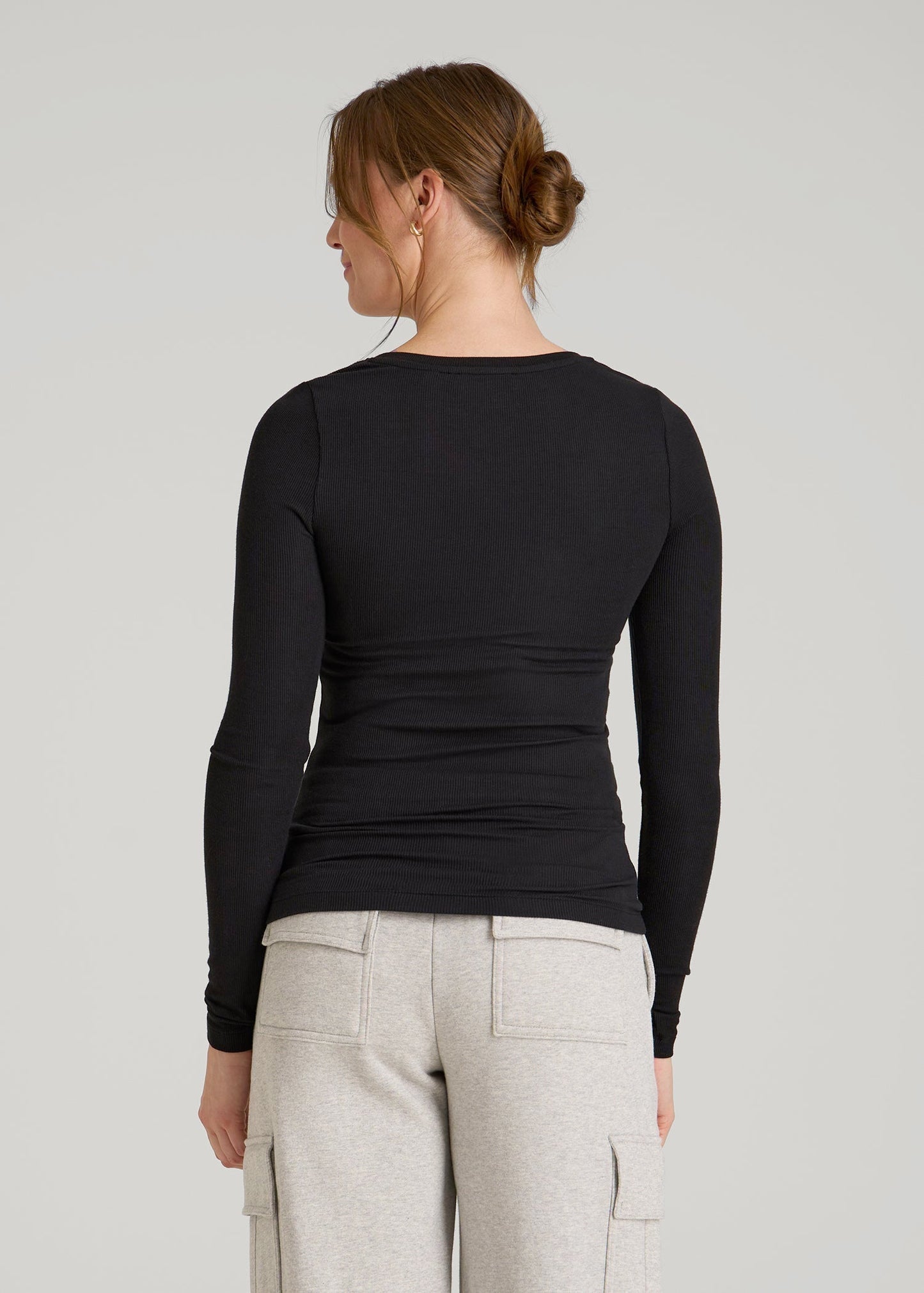 American Tall Women Fitted Ribbed Long Sleeve Henley for Tall Women in Black